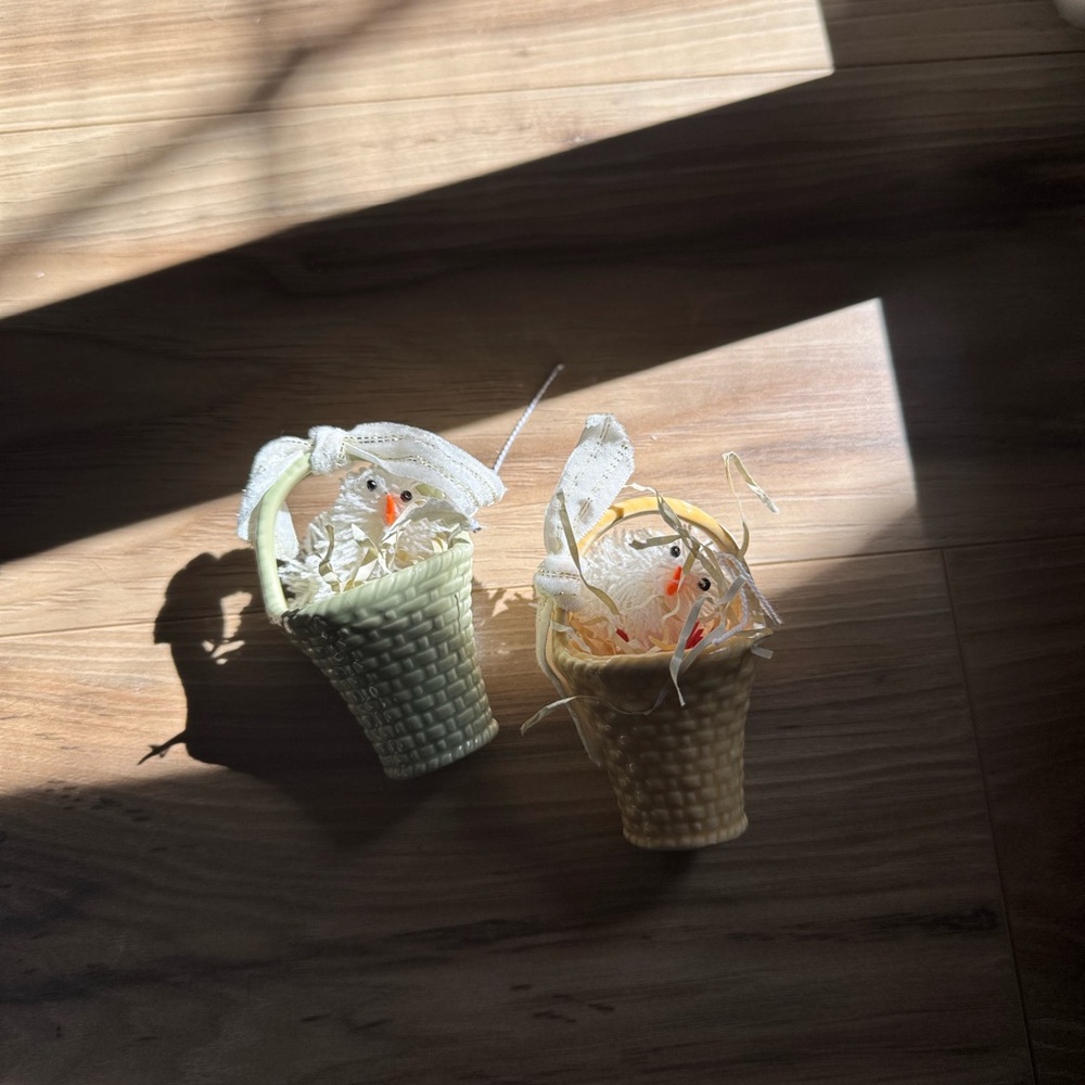 bundle of two baby chicks in ceramic baskets for easter and spring